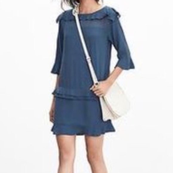 Banana Republic blue Tiered Ruffle Dress 3/4 sleeve size 2 (M21) - Picture 1 of 7